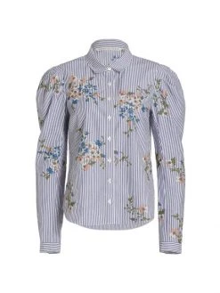 Veronica Beard Signy Embroidered Striped Cotton Shirt
