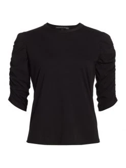 Veronica Beard Waldorf Ruched-Sleeve T-Shirt Black