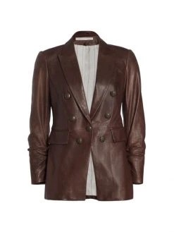 Veronica Beard Oneta Dickey Double-Breasted Leather Blazer