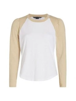 Veronica Beard Mason Long-Sleeve Baseball T-Shirt White Light Khaki
